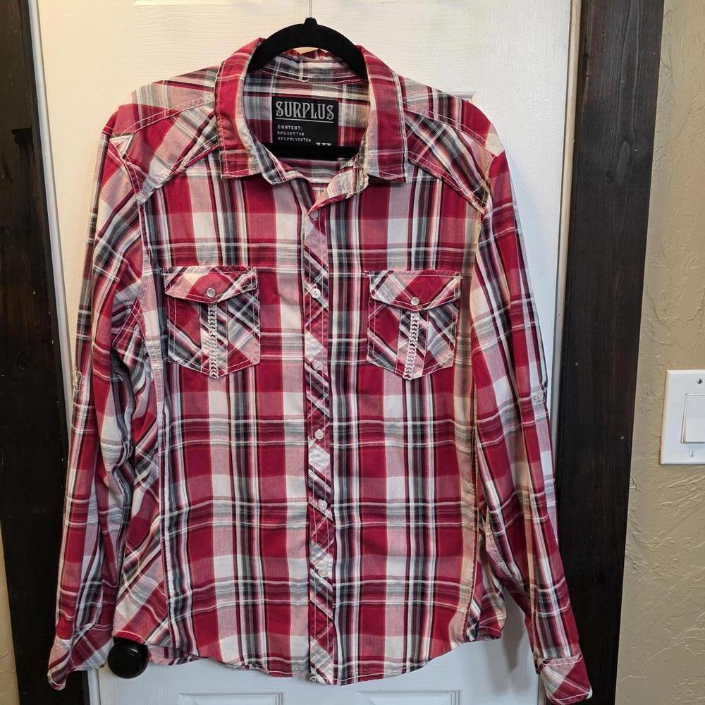 Surplus Men's Red Plaid Button-Up Shirt- XL